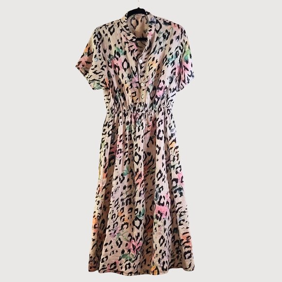 Anna Melani Italy 100% Linen Leopard Floral Button Up MIDI Dress Size Large - Picture 3 of 9